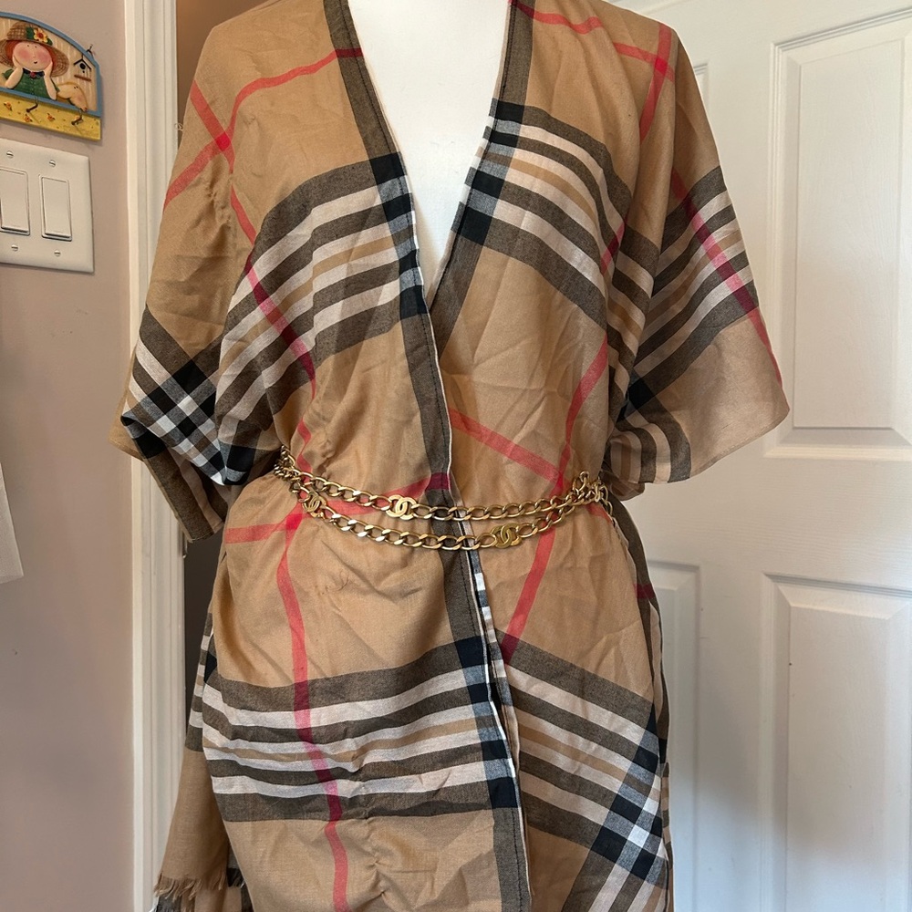 Beige Plaid Kimono Cover-Up